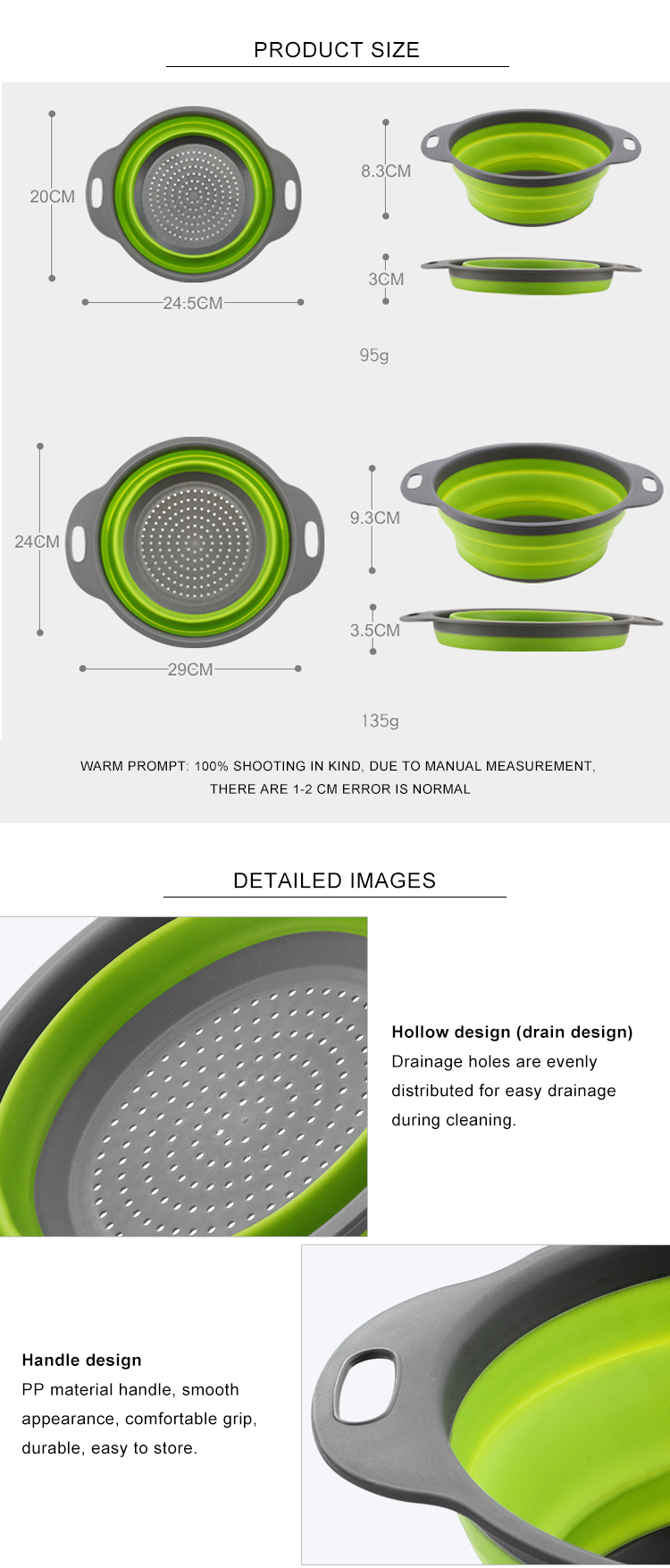 Lightweight Round Space Saving Silicone Colander Strainer