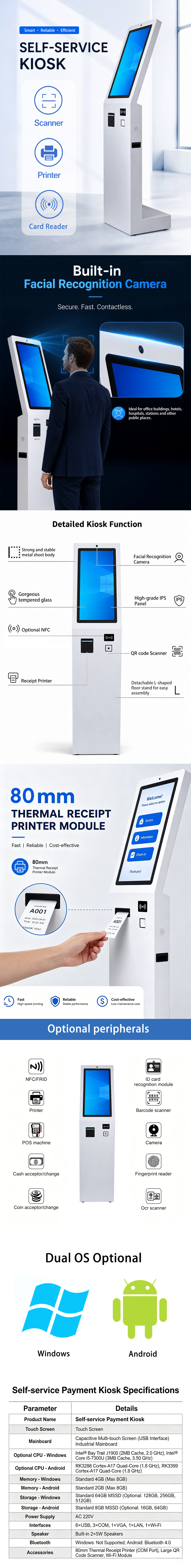 Touch Screen Payment Kiosk with 300 Nits Brightness LCD Panel and 80mm Thermal Printer Running Android Or Windows OS