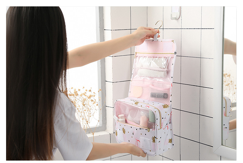 High Quality Flamingo Printed Portable Hanging Travel Makeup Toiletry Bag