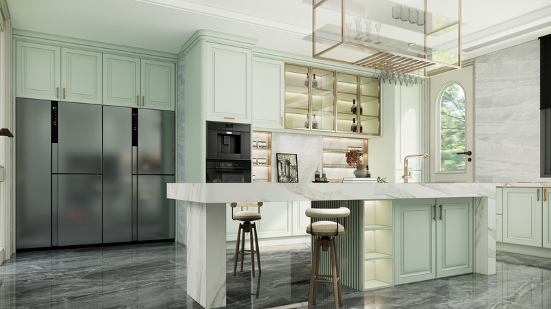 Elegant U-Shaped Mint Green Modern Kitchen Cabinet With Quartz Island