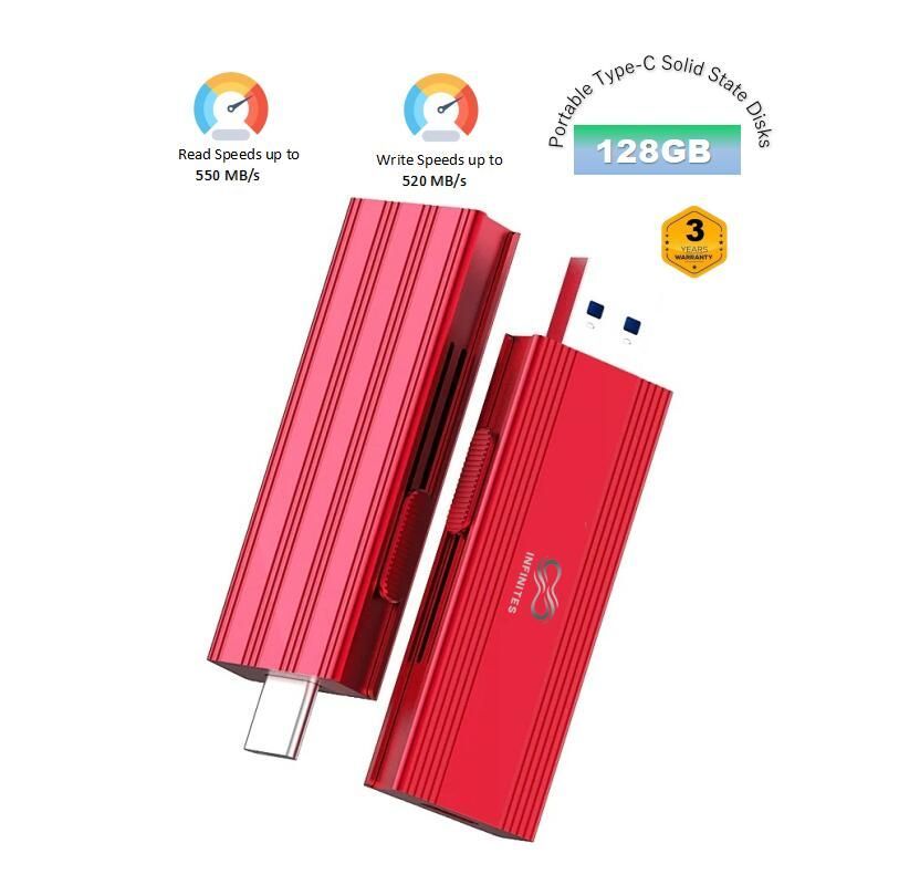 Infinites Portable Type-C Solid State Disks Sk USB 3.2 Flash Drive Provides a Read Speed of up to 550MB/S and a Write Speed of 520MB/S 128GB SSD