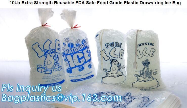 nylon Drawstring closure Plastic Ice Bags, biodegradable ice cube plastic bag, Gravure Printing Custom Wicketed Bags Ice