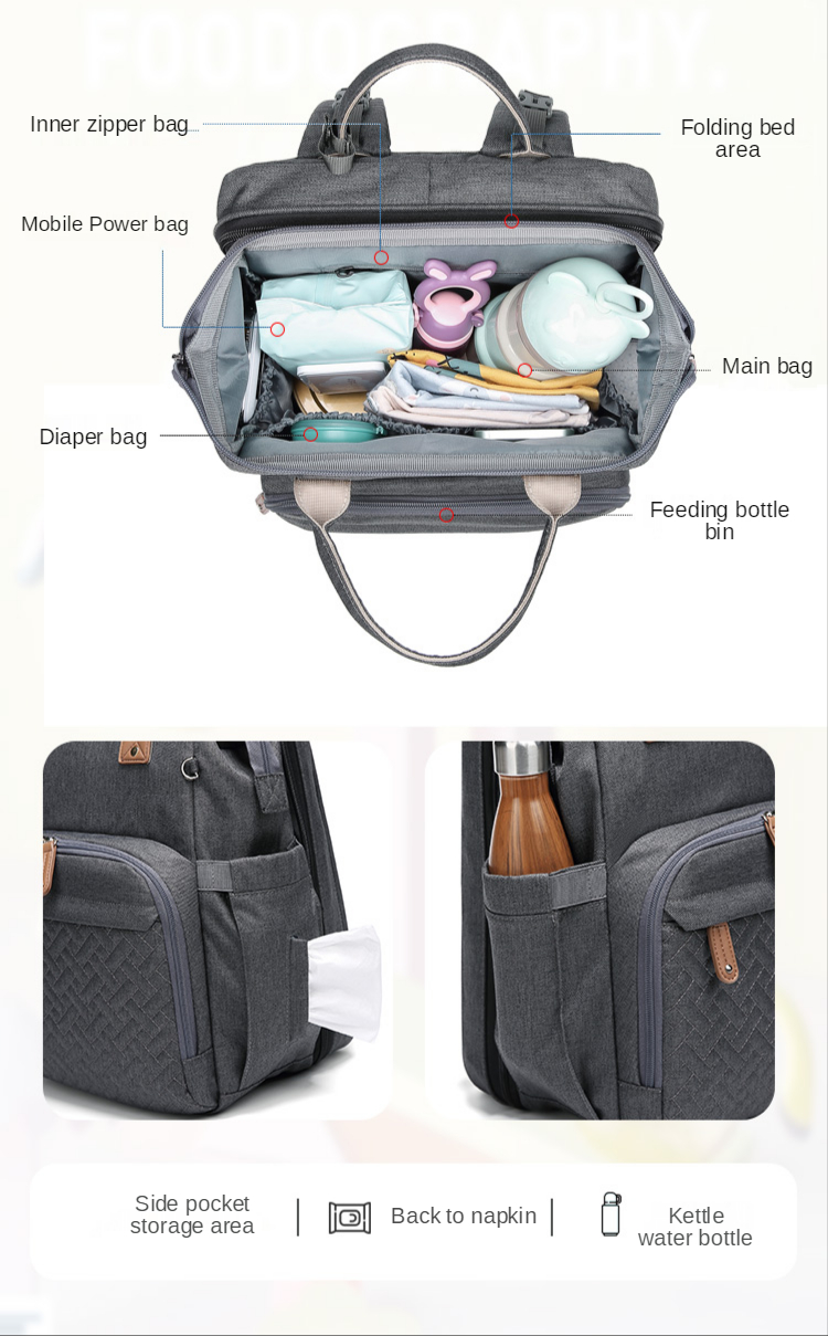 20L Nylon 600D Folding Diaper Bag Multifunctional Nappy Bag 1.4kg