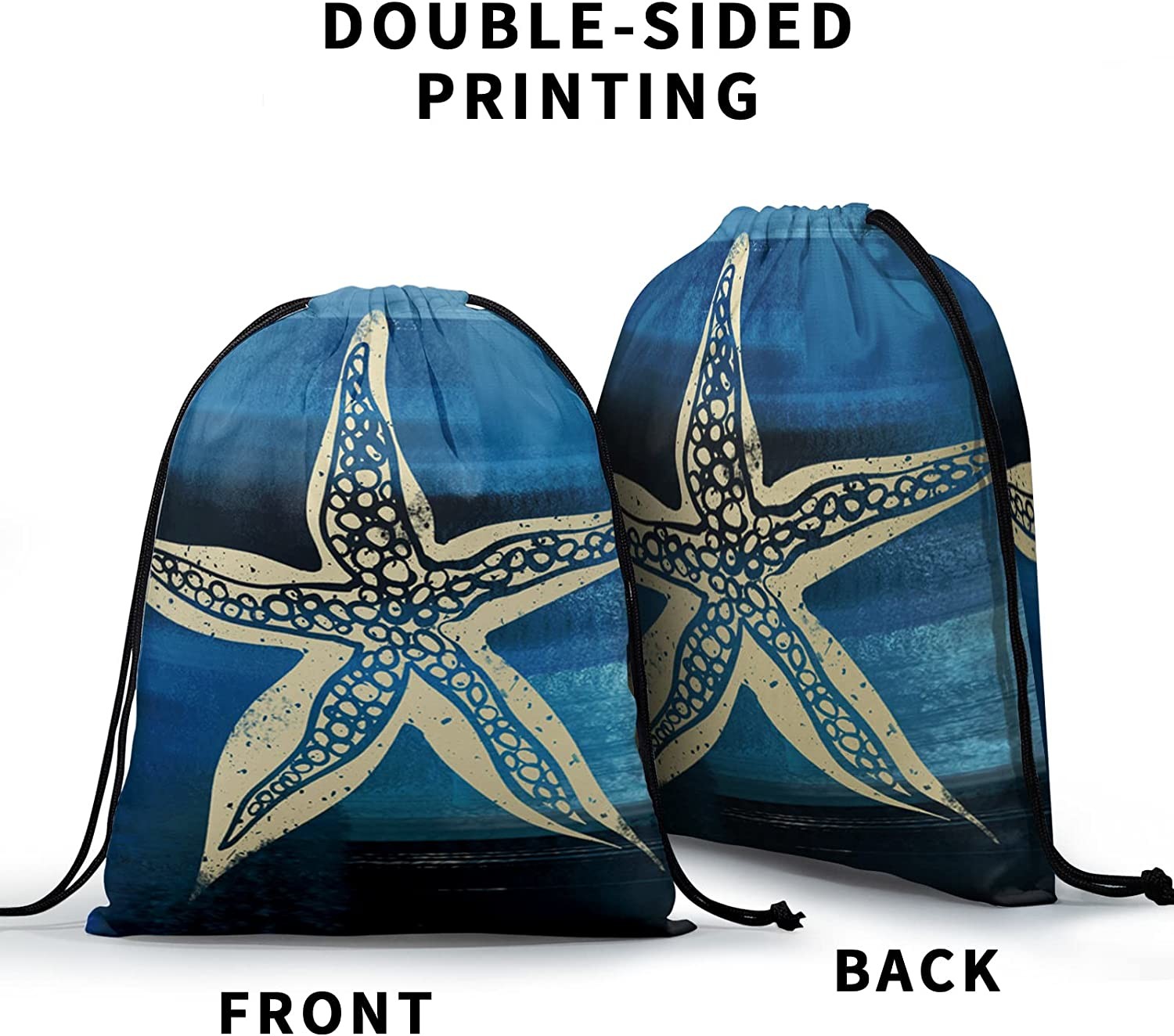 Summer Starfish Drawstring Grip Bags Dark Blue Ocean Animals String Bag Outdoor Sports Storage Bag Lightweight Durable