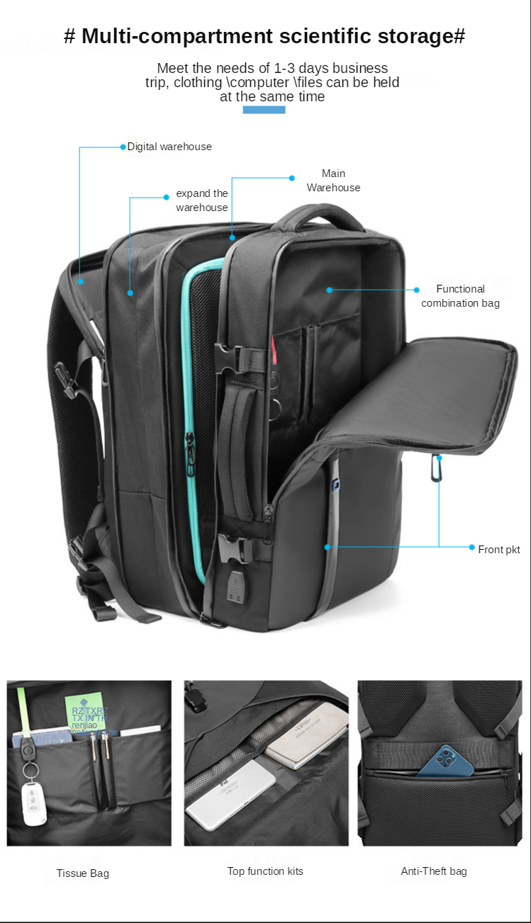 ISO9001 Multifunctional Oxford Business Trip Backpack 30*27*46cm
