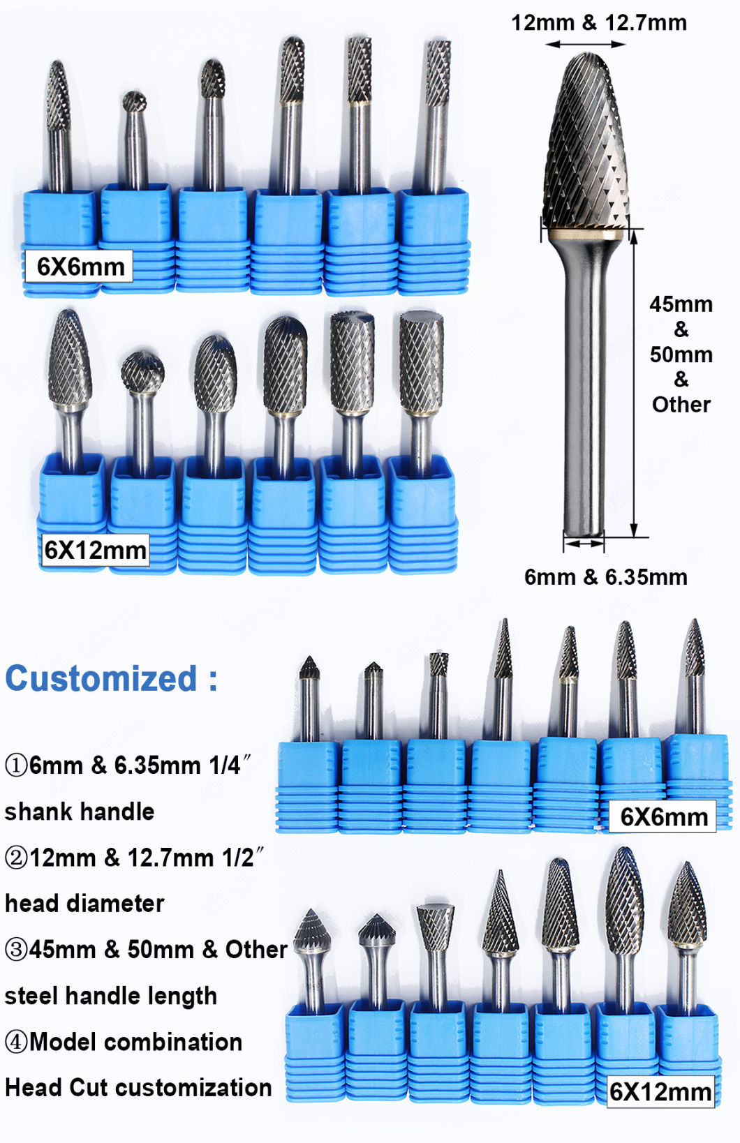 Carbide Rotary Burrs Tungsten Set in Tools Milling Drill Bit for Metal Grinding Long 1/4&quot; Inch 6mm Shank Files Carbide Burr