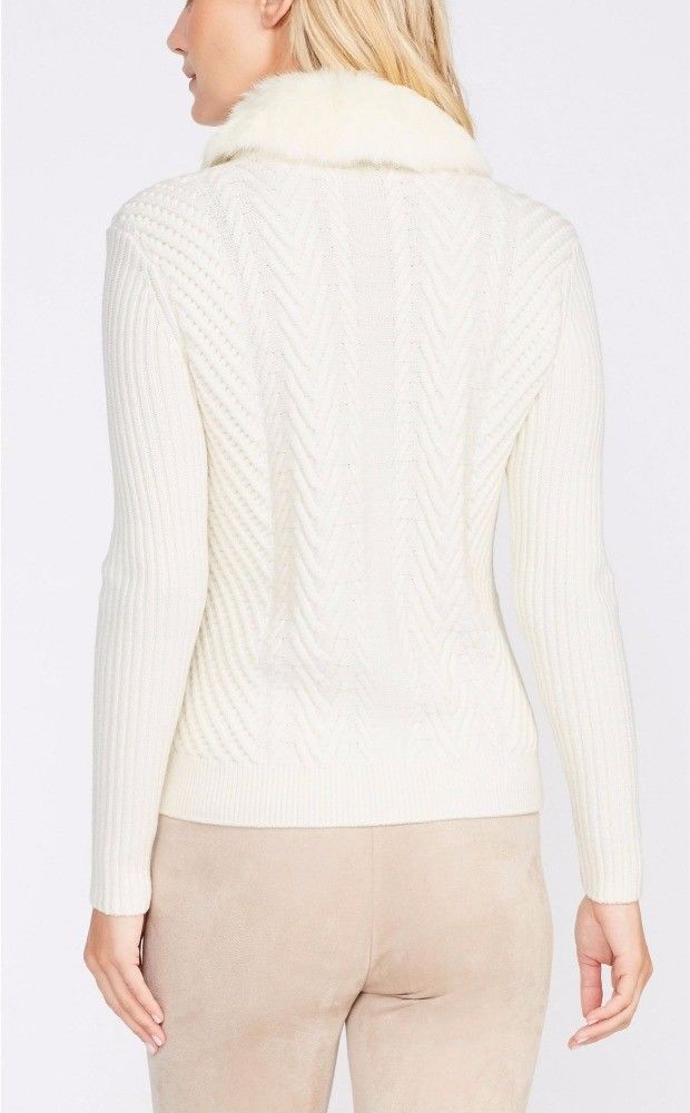 Winter Wool Cardigan Sweater , Detachable Fur Collar White Cardigan Sweater
