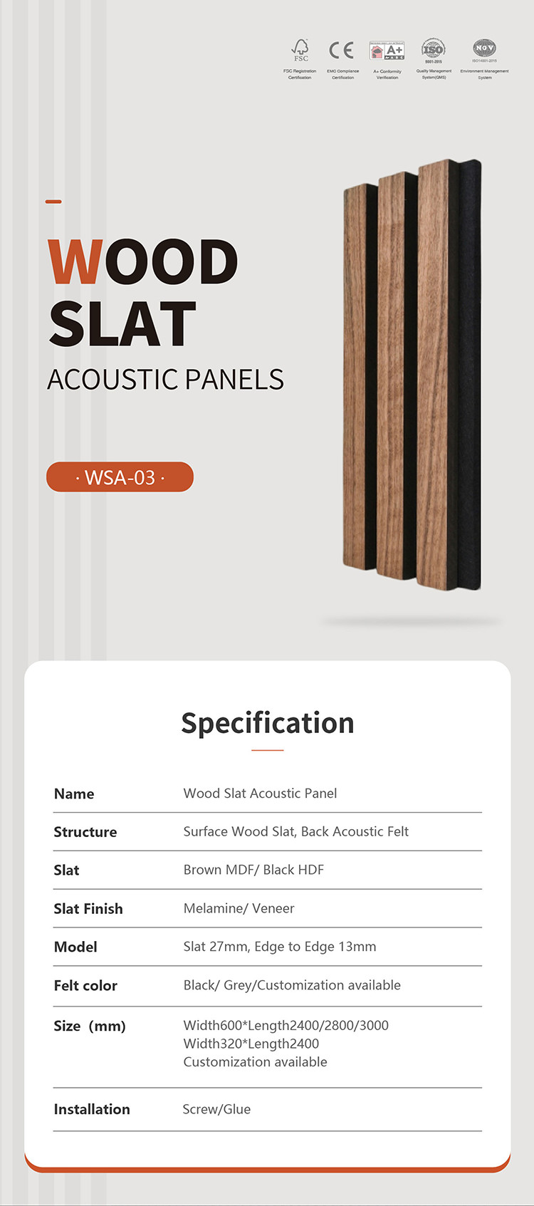 Natural Veneer Slatted Wood Acoustic Panels HDF Materials Sound Proof CE FSC