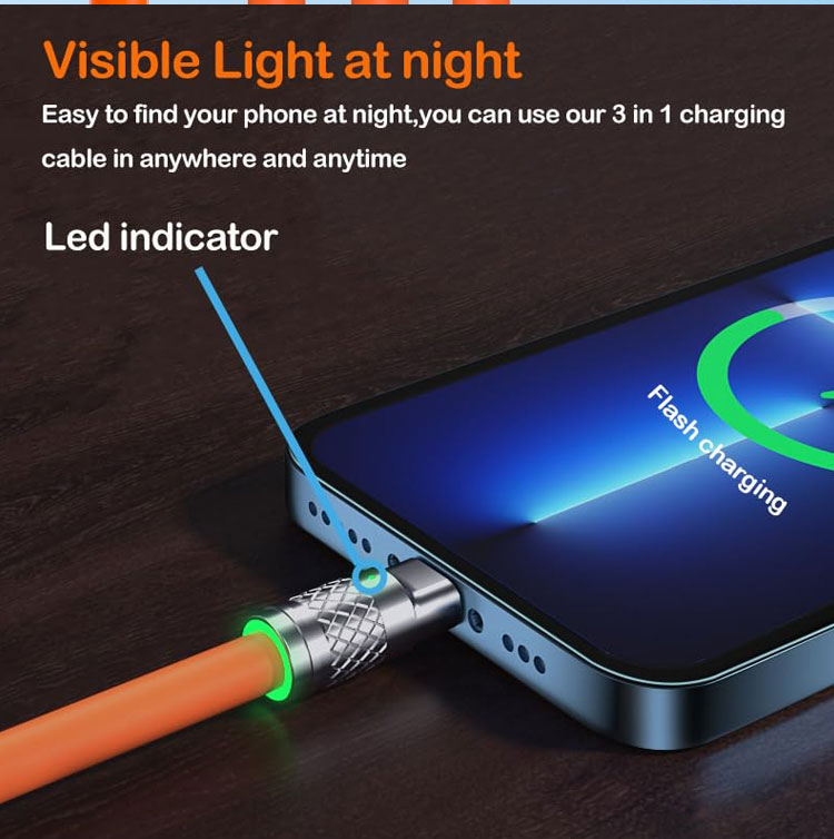 Super Fast Charging 120w 6A Liquid Silicone 3 in 1 Multi Connectors Micro Type C USB Data Charger Cable for Mobile Phone