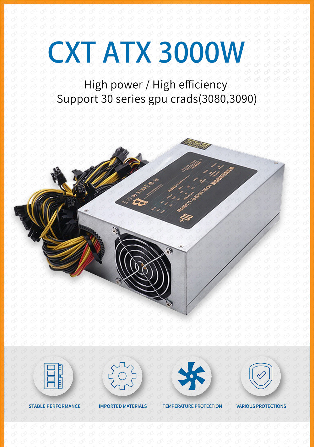 ATX 12V Asic Miner Power Supply 3000W Support 8 GPU Max 2800W