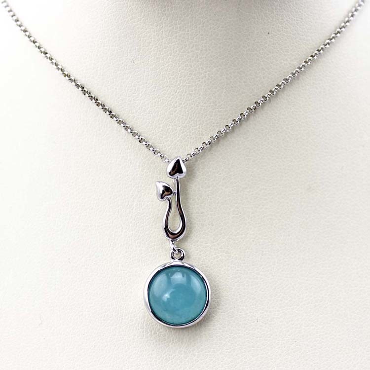 Sterling Silver Blue Chalcedony Pendant 925 Silver Rolo Chain Necklace 18 Inches(PSJ0164)