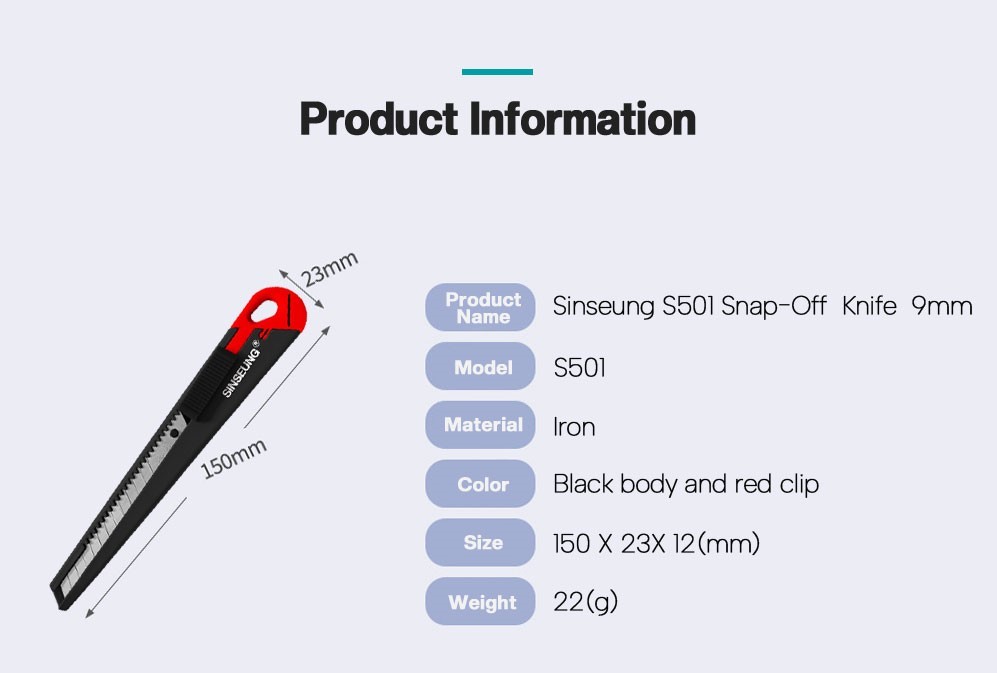 Snap Off Blade Utility Knife Sinseung S501 All Metal Body With Blade Snapper