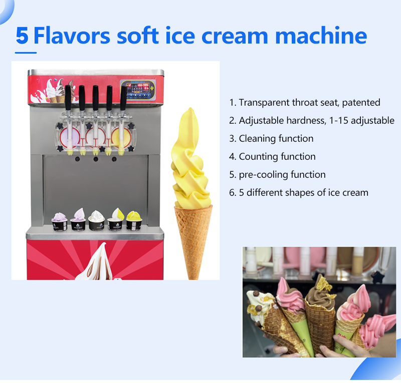 R410a R134A Refrigerant Soft Serve Ice Cream Machine 5 Flavors Commercial Maker English Operating Language