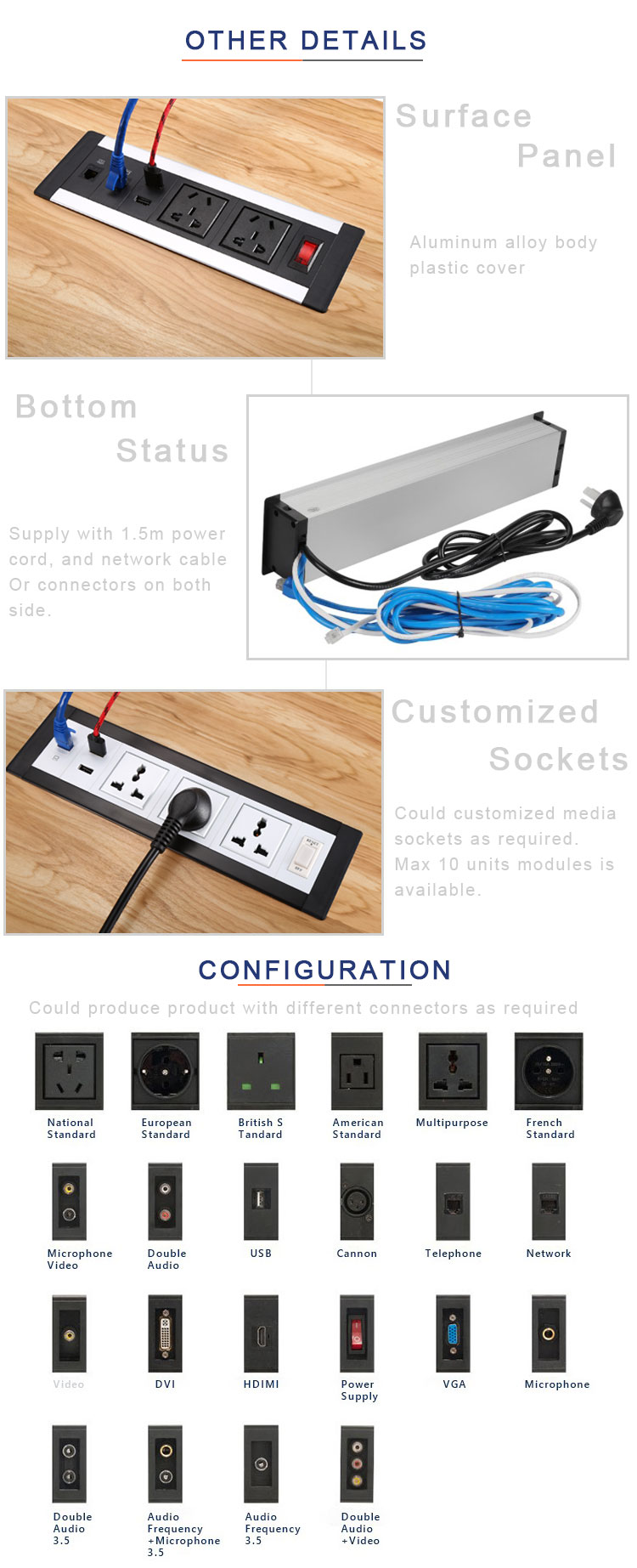 new design clamping table mounted desktop socket outlet with metal bracket