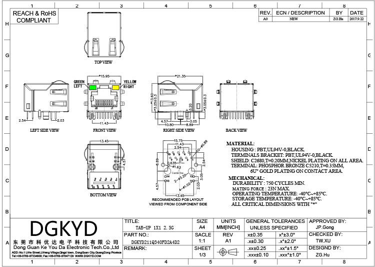 DGKYD211Q340FD2A4D2(2.5G) Port Upward Connector Pcb Modular Jack RJ45 Shielded Network Interface