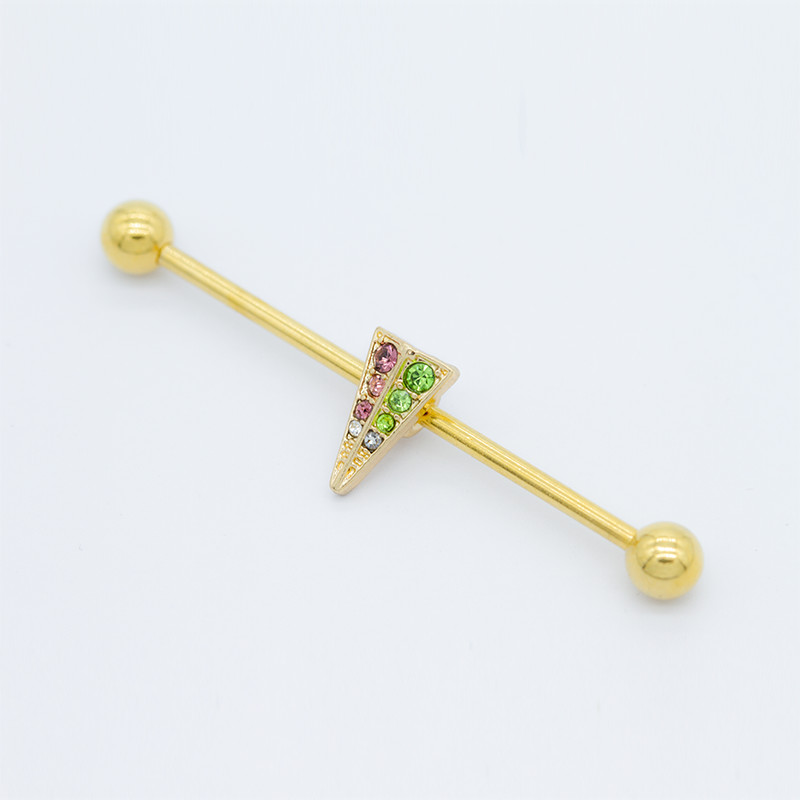 38mm Cool Industrial Piercing Jewelry Gold Colorful Crystal Gems Pyramid