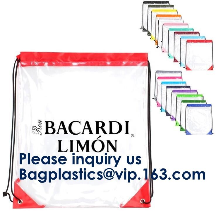 Transparent PVC Drawstring Bag With Colorful Rope,Clear PVC drawstring bag with gold string,Pvc Strips Printing Gift Pac