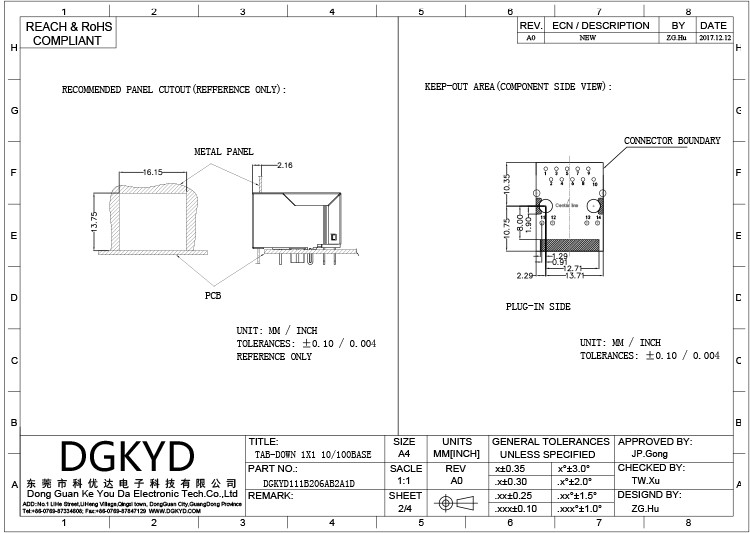 DGKYD111B206AB2A1D RJ45 Connector 100M Horizontal 90 Degrees Straight Plug With Light And Shield