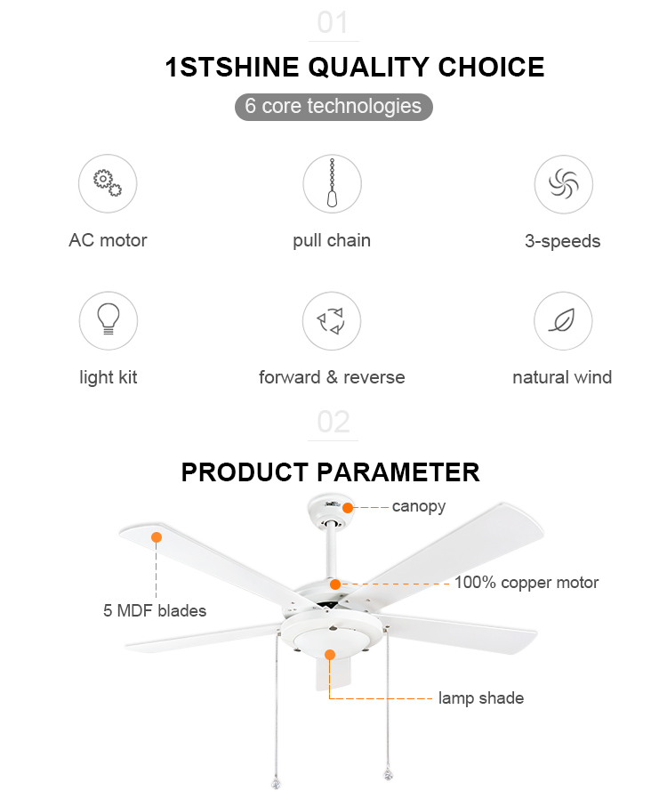 10-Year Motor 1stshine Bedroom Ceiling Fan with Remote Control and AC Motor NO Dimmer