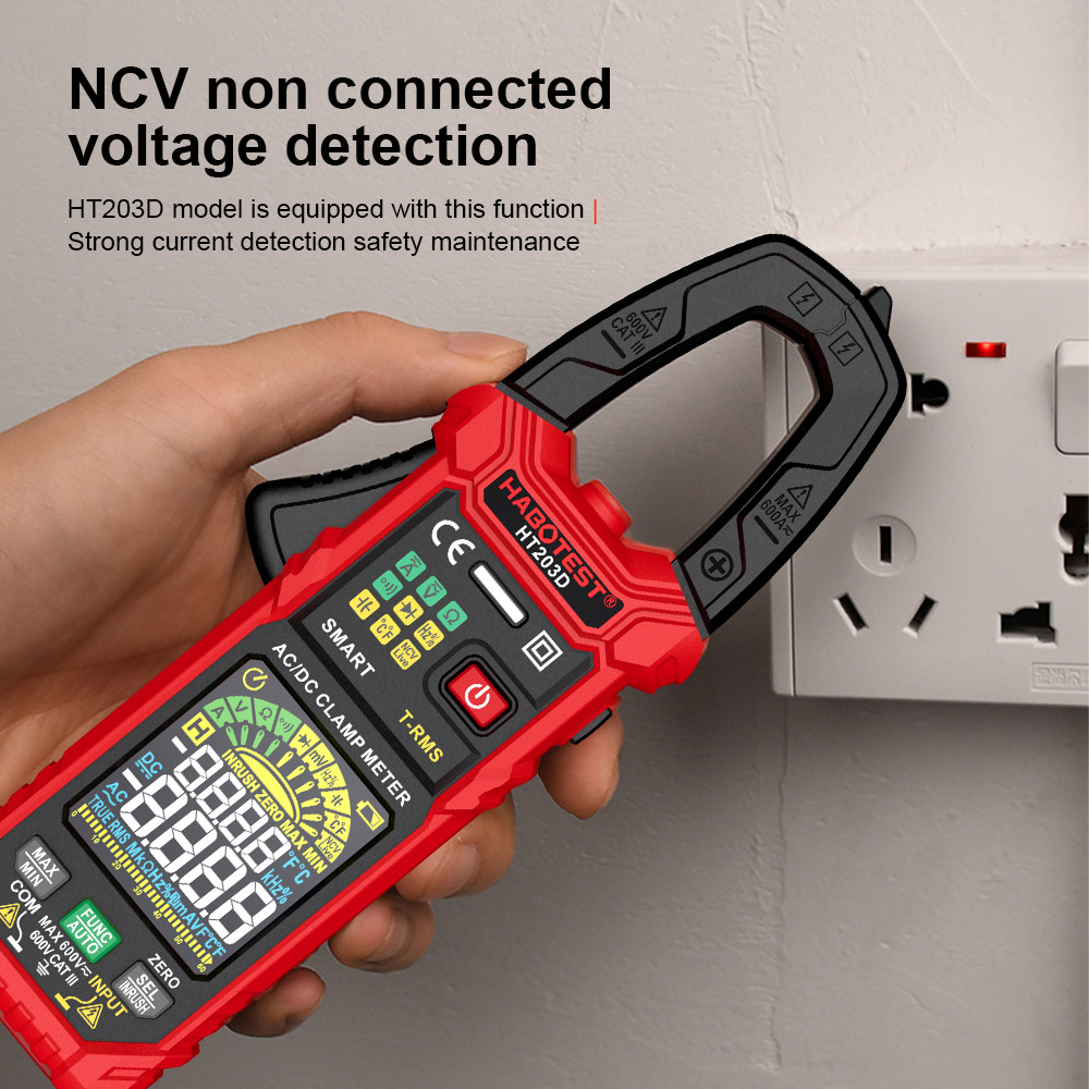 HT203D Digital Clamp Meter Multimeter AC Current And AC/DC Voltage Tester With Amp Ohm Continuity Hz Tester Voltmer