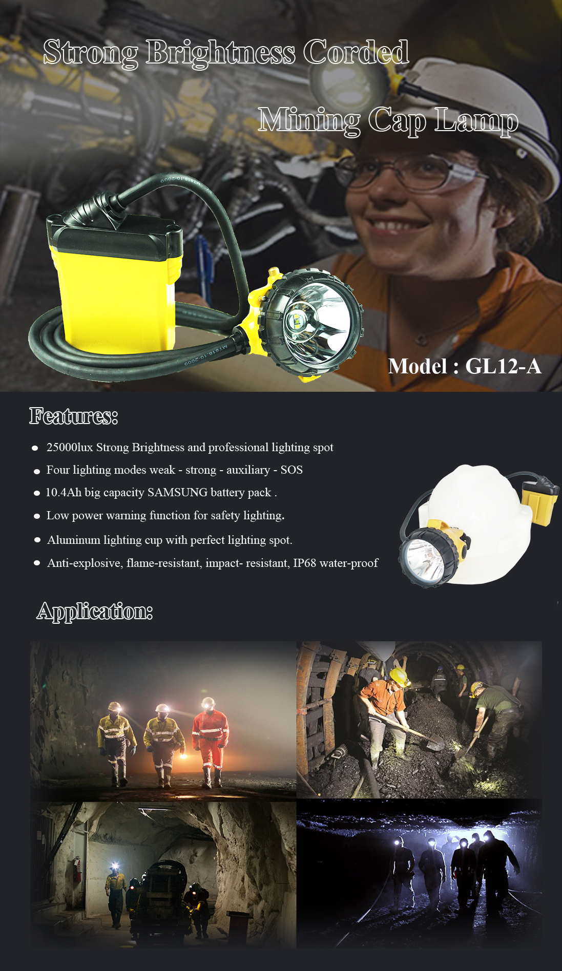 GL12-A mining light with high brightness 10.4Ah big battery capacity Anti-explosive underground lighting