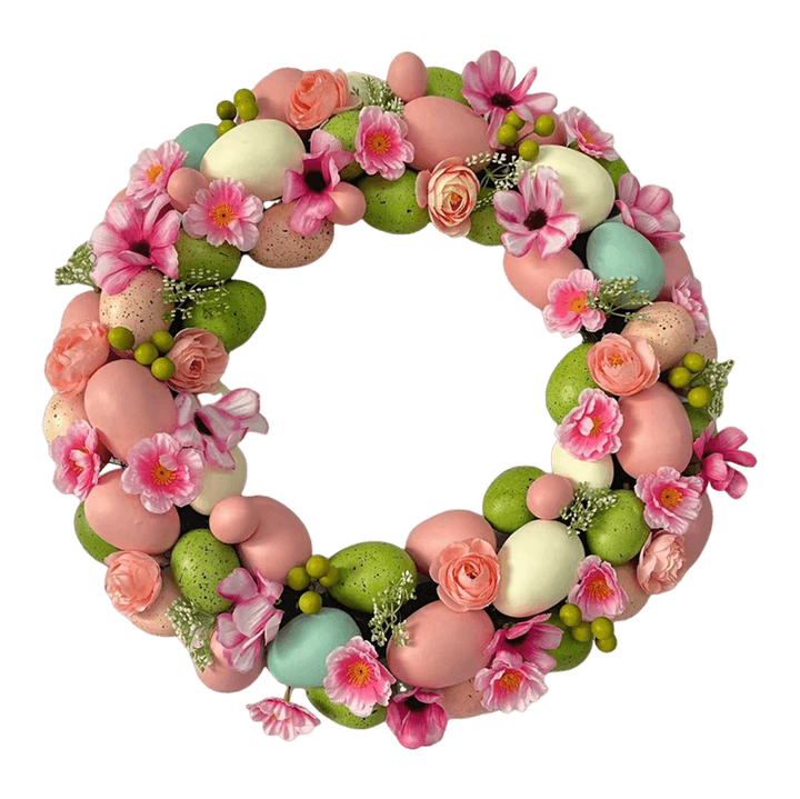 Senmasine Egg Easter Wreath for Front Door Hanging Spring Decor Mixed Colorful Plastic Eggs Artificial Leaves Flowers Wreaths