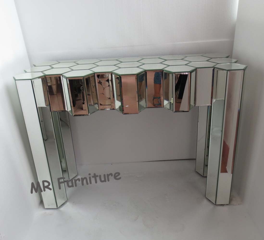 Diamond Design Mirrored Glass Console Table , Modern Console Mirror Table