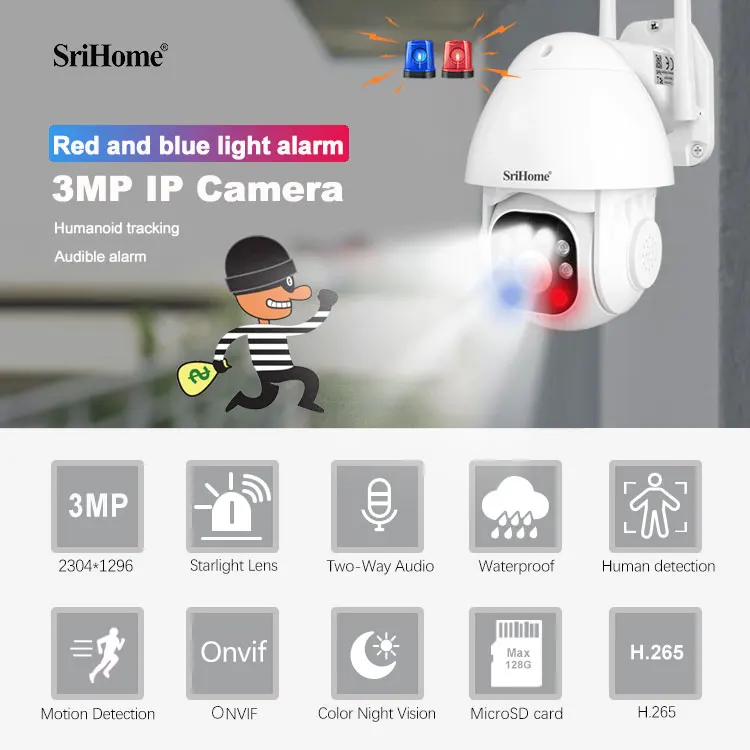 SH039B Audible Alarm 3MP Cameras Spotlight Light Indoor Security Camera Surveillance Wireless Outdoor Wifi Cctv Cameras