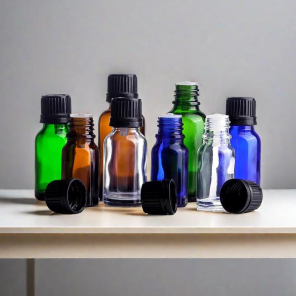 Glass Oil Bottle With Screw Cap , Blue / Green / Brown / Clear Essential Oil Bottles