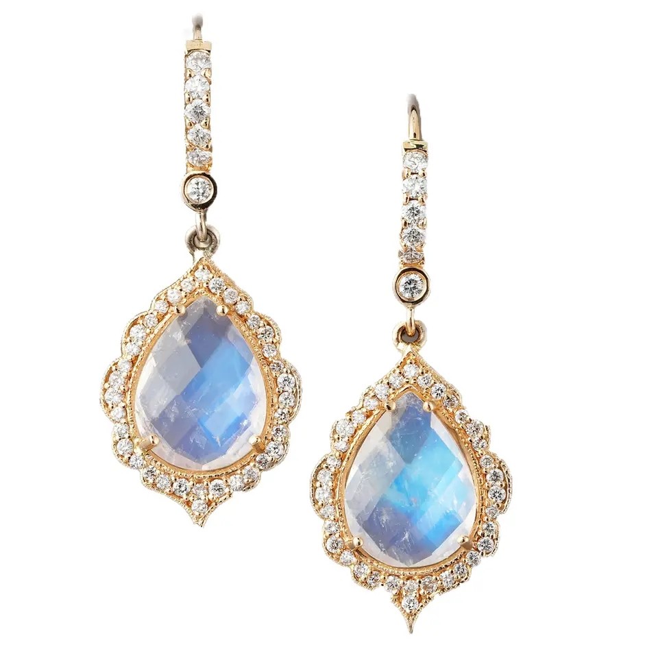 Wholesale 925 Sterling Silver Jewelry 14K Gold Plated Women Dangle Earrings Natural Moonstone Drop Earrings