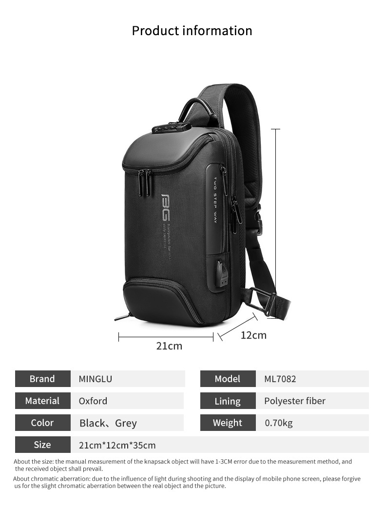 Factory new design usb men fashion travel waterproof portable men shoulder crossbody sling bag