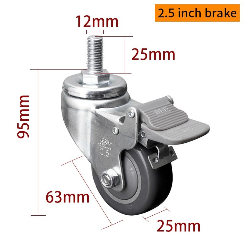 EDL Light Duty Zinc Coating 2.5inch 80kg Threaded TPU Caster by Swivel and Brake type
