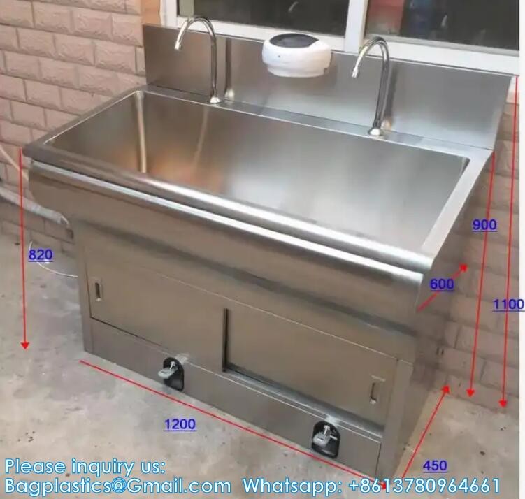 Double Hand Washing Sink Wash Basin With Automatic Sensor Or Pedal Customized 304 Stainless Steel Scrub Sink Induction
