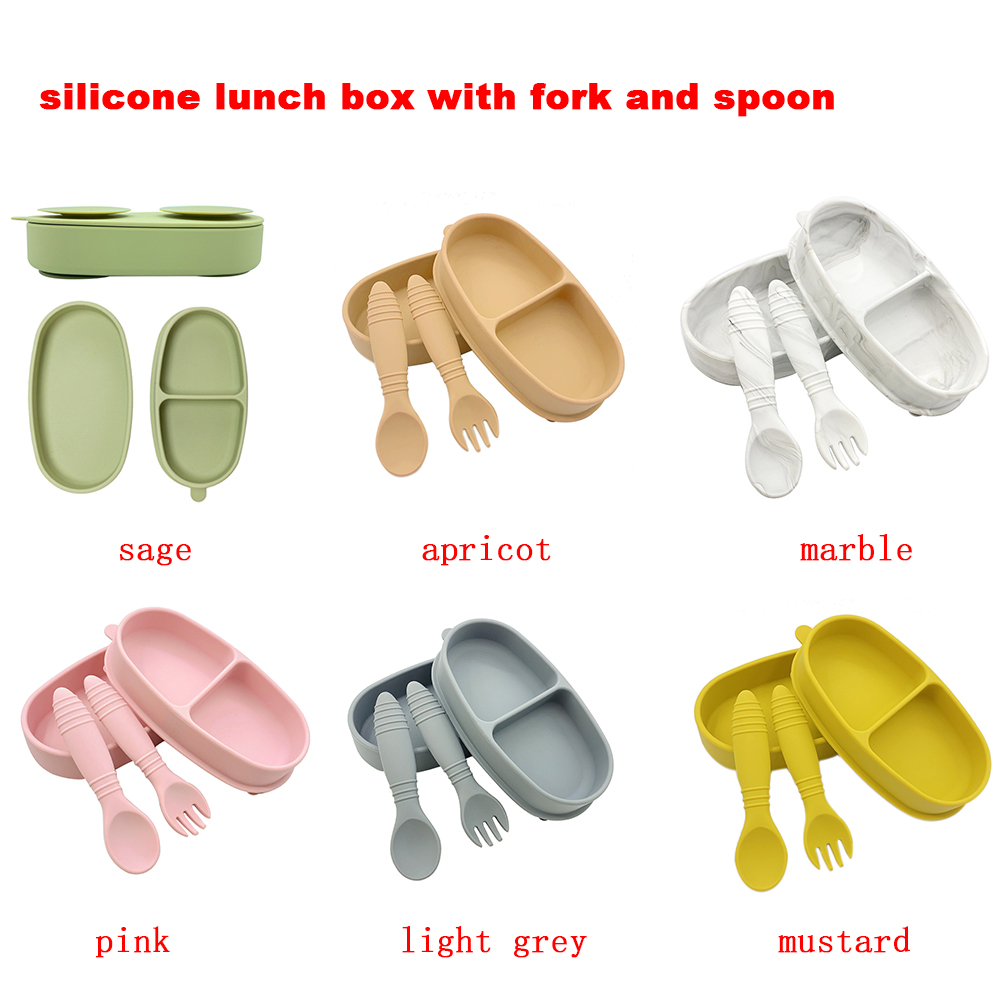 100% Food Grade Silicone Baby Cutlery 2 In 1 Bento Lunch Box With Spoon And Fork
