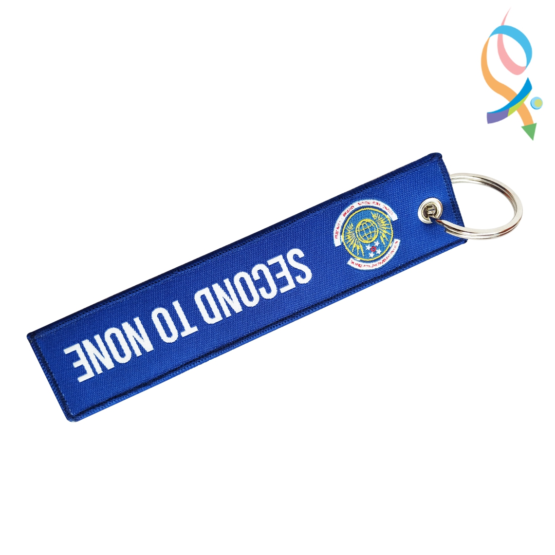 Custom Woven Keychain Metal Ring Polyester Fabric Blue Rectangle Polyester Keychain