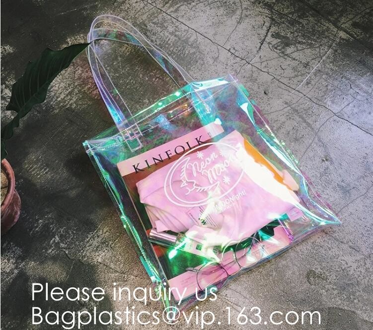 Waterproof All Over Printing PVC Coating Tote Shoulder Fabric Shopping Bag With Gusset And Lining,Jelly Clear Plastic PV