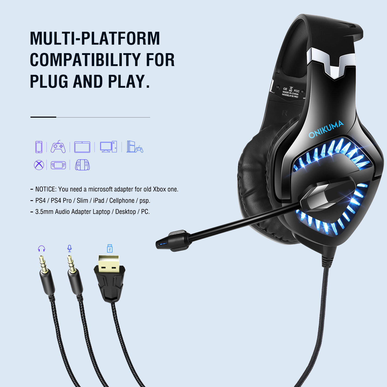 ABS PC DC5V Wired Stereo Gaming Headset Onikuma K1 PRO 2.2m Wire