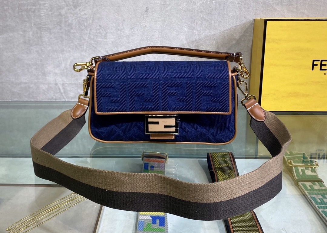 Women F Letters Pattern Denim Baguette Bag Embroidery Series