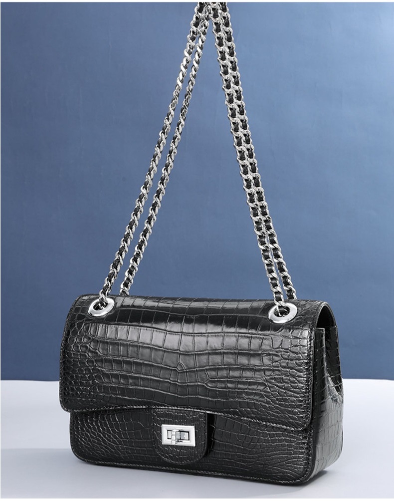 Authentic Crocodile Belly Skin Women Purse Genuine Alligator Leather Lady Flap Bag Silver Chain Female Shoulder Bag