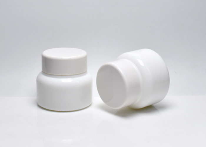 JG-TZ50, 50ml boston round opal white glass cosmetic jars, glass primary cosmetic packaging for cosmeceutical products