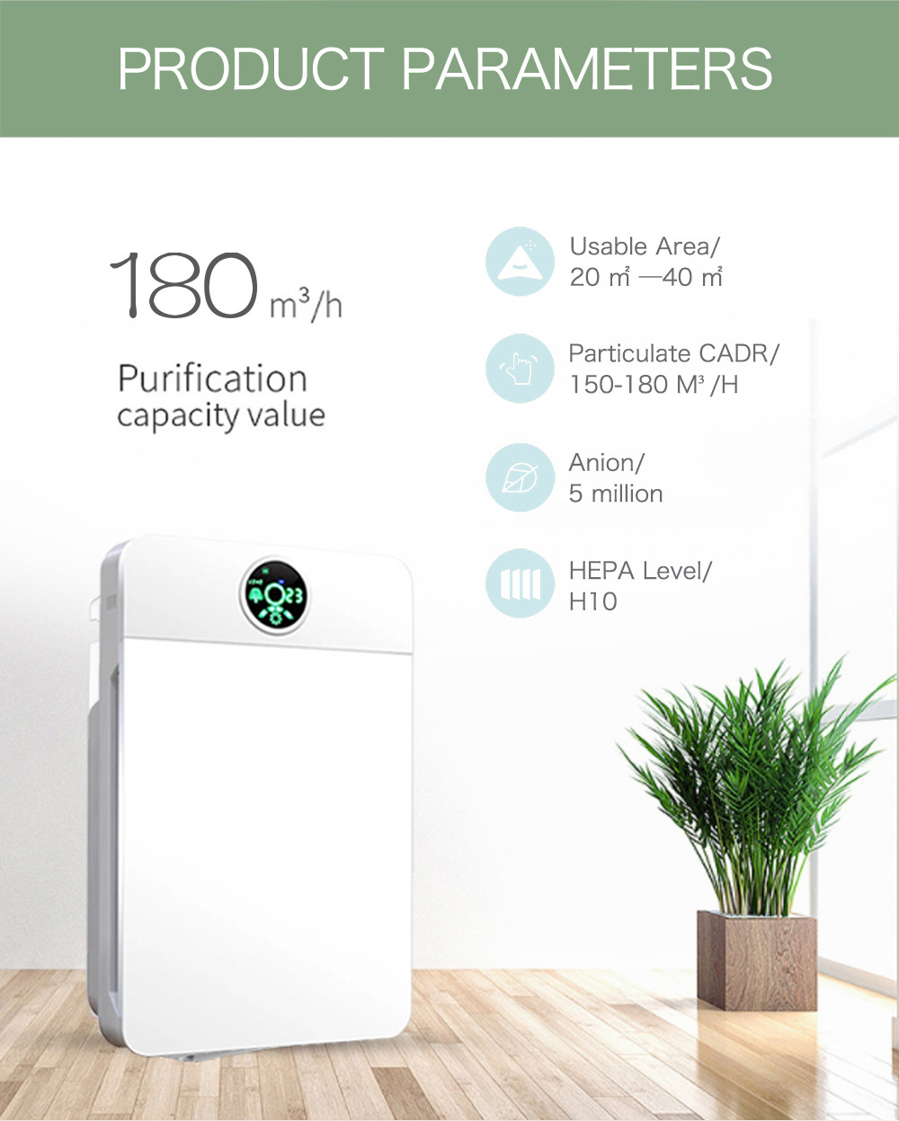Portable 22W Anion Filter Hepa Air Purifier 40m2