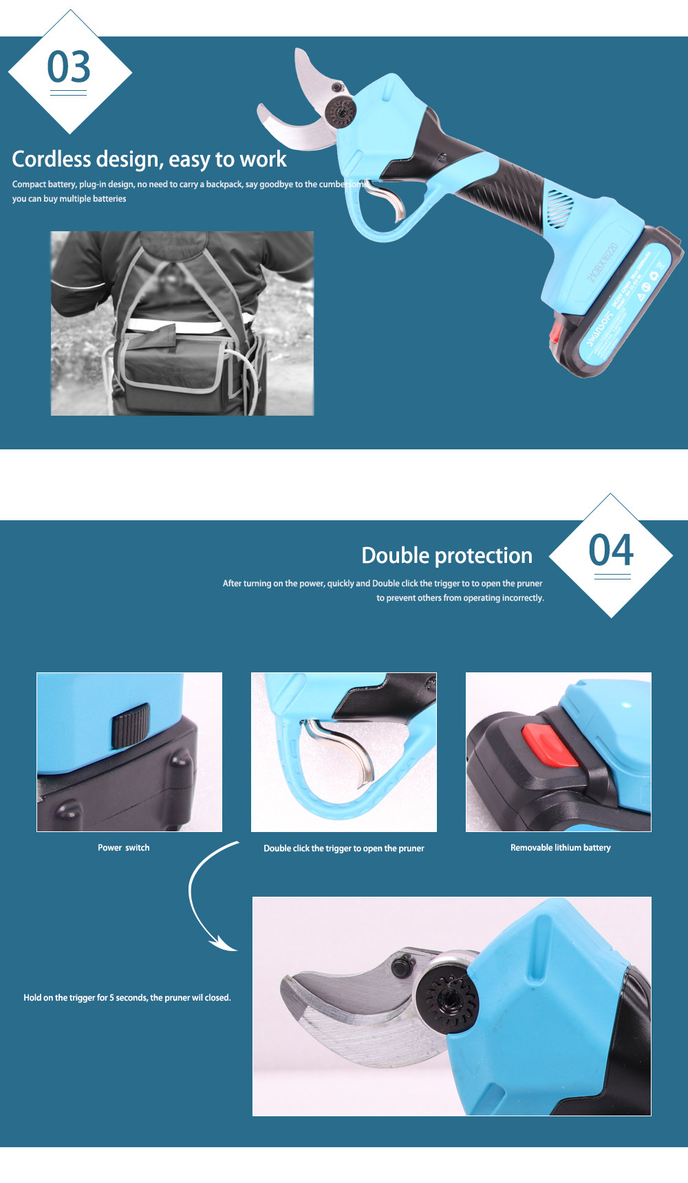 3.0CM Electric Bypass Pruner Cordless Electric Pruning Shear Scissors with Finger Protection 21V