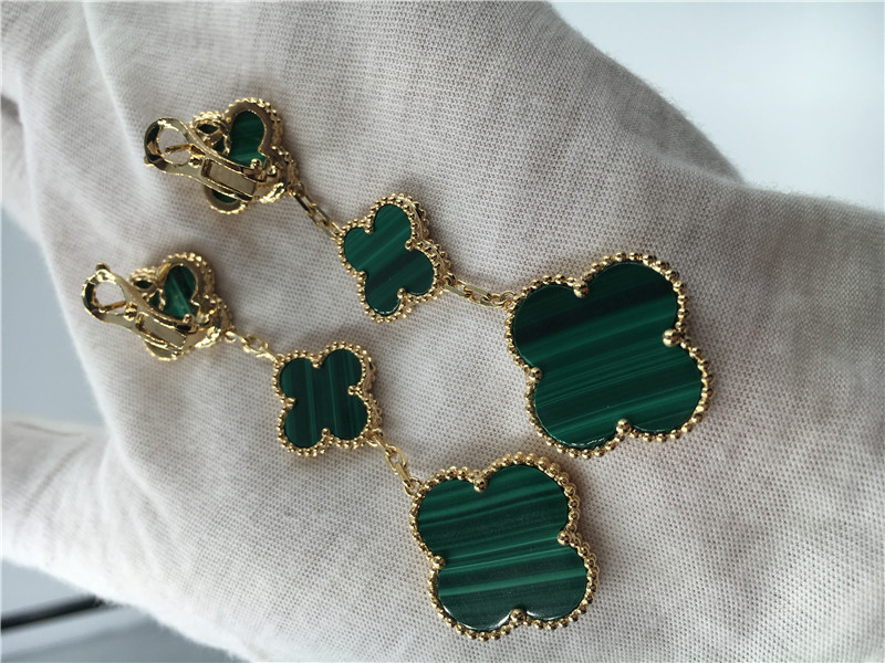 Paris Luxury Gold Brand VCA Magic Alhambra earrings 3 motifs malachite 18K yellow gold jewelry