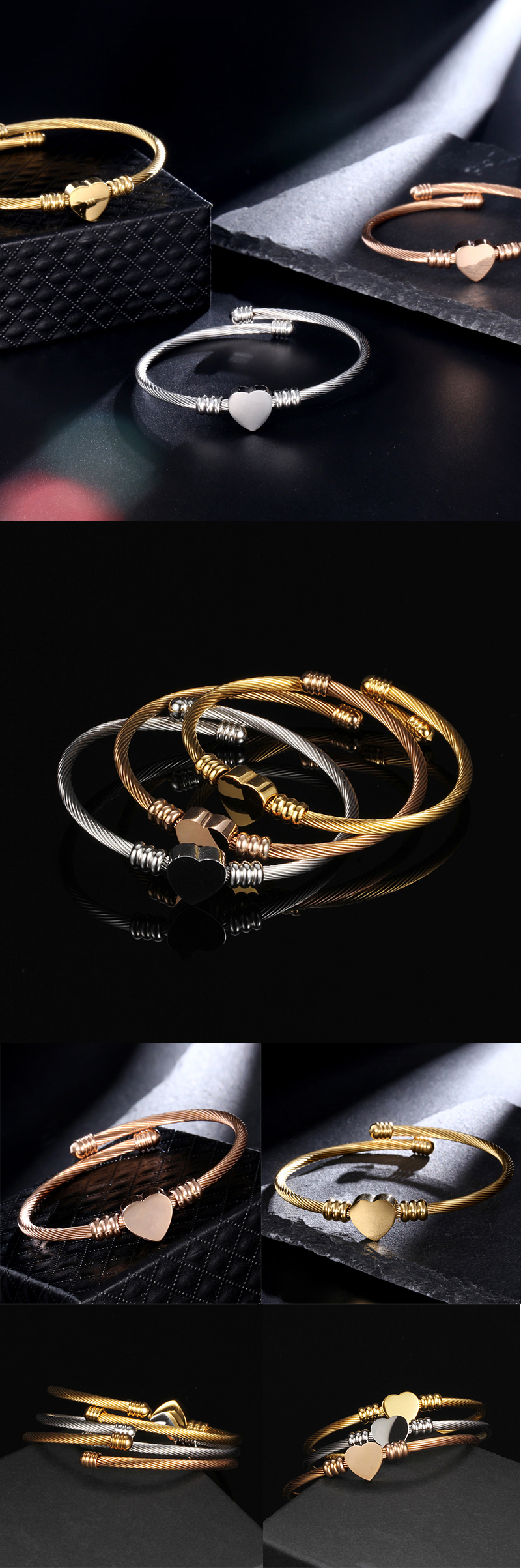 Rhodium Plated Wrist Bangle Bracelet , 18k Gold Heart Shape Bracelet For Ladies