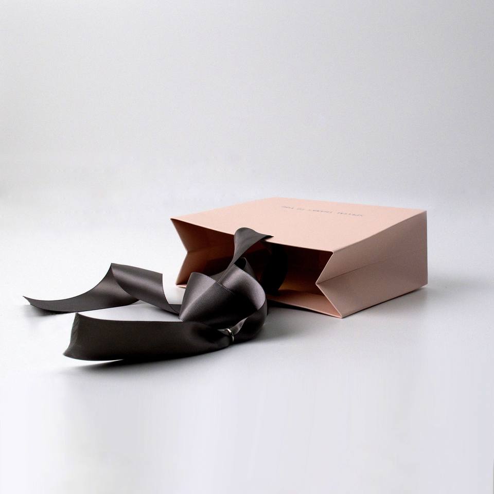 Customised Small Carry Paper Shopping Bags With Bow Tie Ribbon Handle Customer's Logo