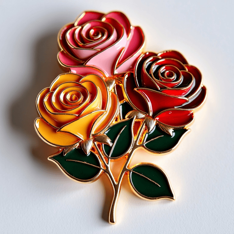 Zinc Alloy Rose Bouquet Fridge Magnet With Metallic Leaves