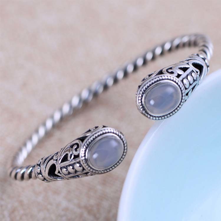 Sterling Silver Cable Bracelet with Chalcedony Open Adjustable Cuff Bracelet (XH049954WWHITE)