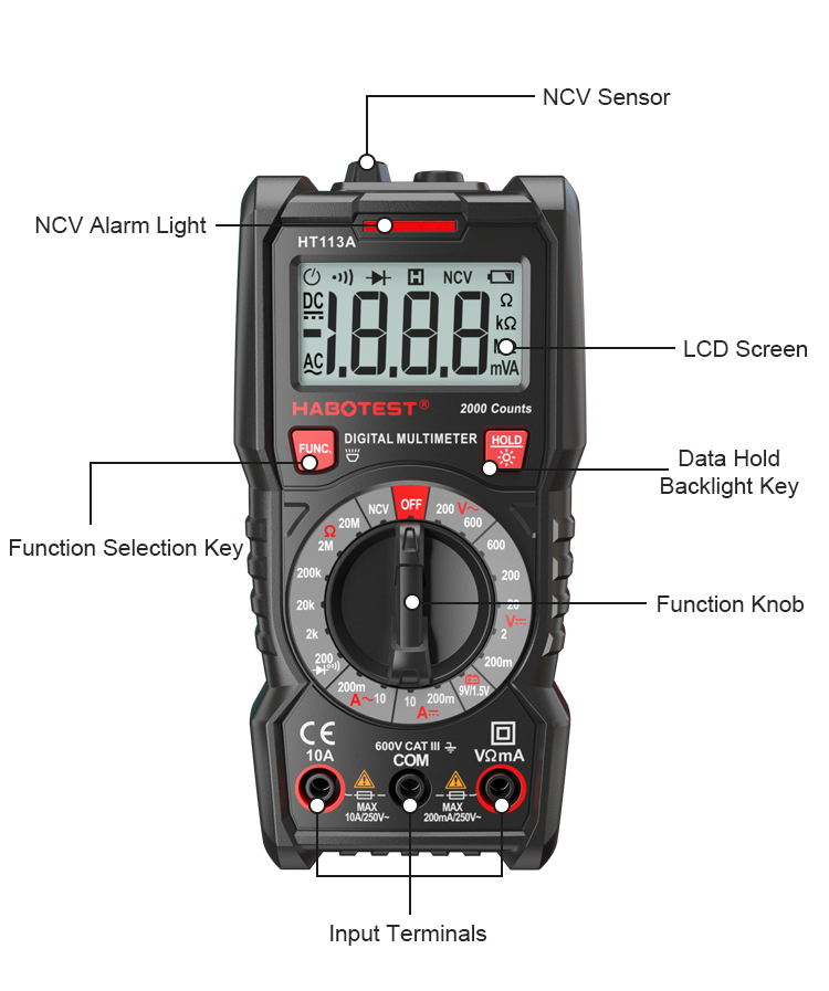 2000 Counts 600V 10A Multimeter Accessories , HT113A Digital Multimeter Tester
