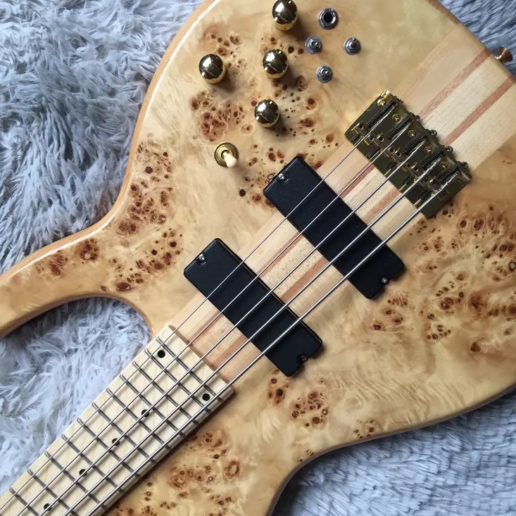 Custom 5 Strings Neck Through Body Burl Maple Top Electric Bass Guitar