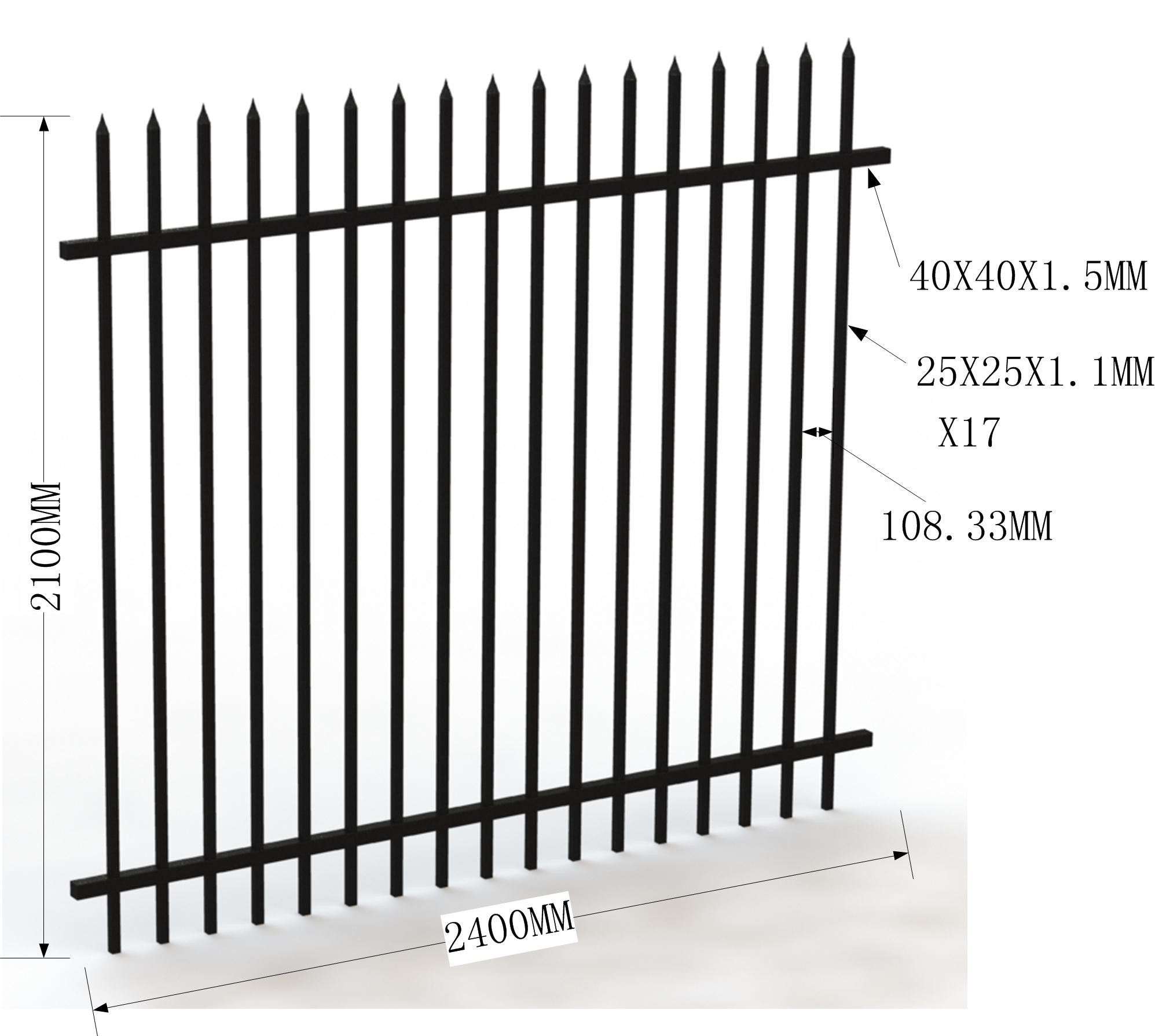 Square Picket 19mm x 19mm Upright 2100mmx2450mm height 2 rails 40mmSHS powder coated black Garrison Fencing Panels